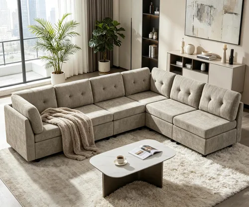 Vista 19 de VANOMi - Sofás seccionales de 6 plazas para sala de estar, sofá modular convertible de 118" en forma de nube, cómodos sofás de chenilla y sofás