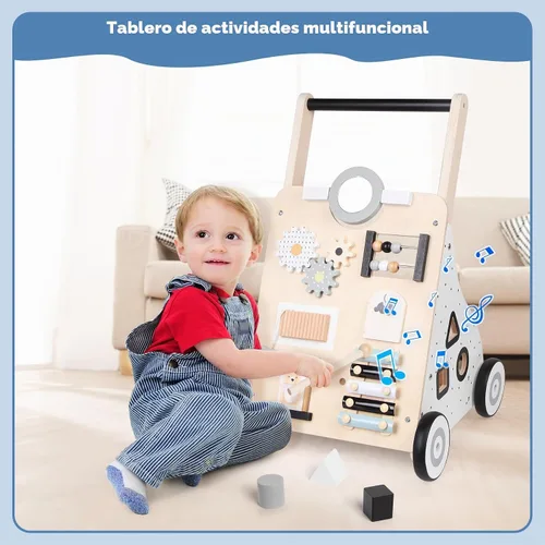 Vista 6 de Asweets Andador de bebé de madera con empuje y tracción para aprender, actividad de aprendizaje para niños, juguete de actividad con múltiples