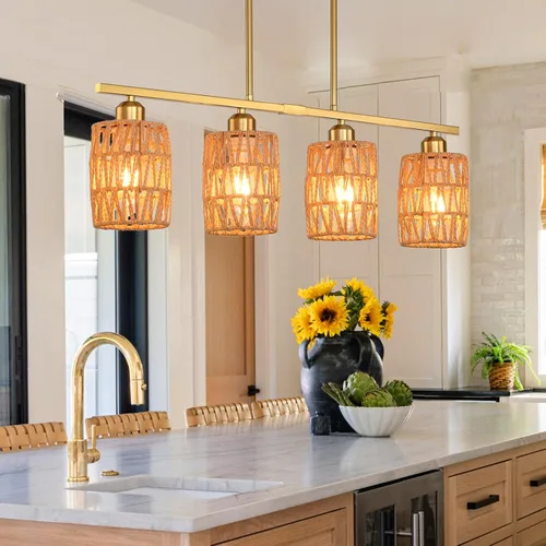 Vista 2 de Lámpara de isla de cocina de ratán, lámpara de araña rústica boho costera, lámpara colgante rústica bohemia de 4 luces para comedor, altura