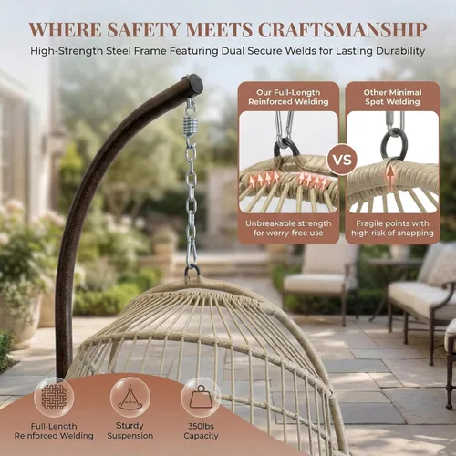 Vista 6 de NICESOUL Acogedora silla colgante con soporte para interiores y exteriores, silla columpio de mimbre para patio con cojín y patas doradas, 350