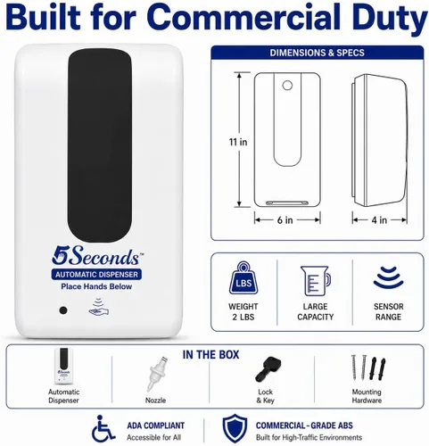 Vista 5 de 5Seconds Automatic Foam Soap Dispenser, Touchless Wall Mount, Infrared Sensor, Lockable, Battery Powered, Commercial Grade