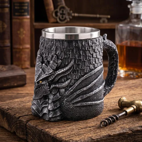 Vista 3 de Taza medieval de cerveza de dragón, taza de café de acero inoxidable para coleccionista de dragones, decoración de fiesta temática, taza de jarra