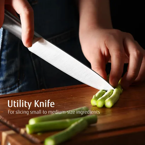 Vista 6 de hecef Juego de cuchillos de cocina plateado de 3 piezas, hoja con acabado satinado con mango hueco, incluye cuchillo de chef de 20 cm, cuchillo