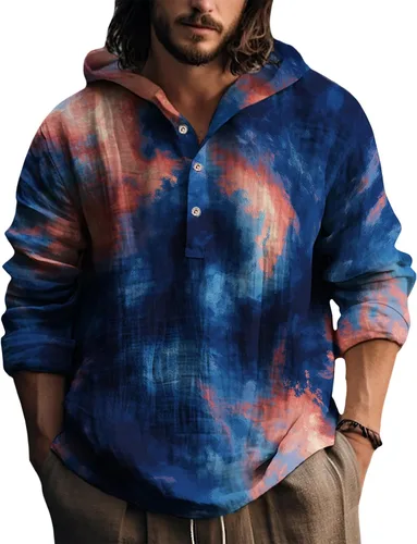 Vista 19 de Sudaderas con capucha para hombre, con estampado de teñido anudado, cuello en V, manga larga, con botones, de gran
