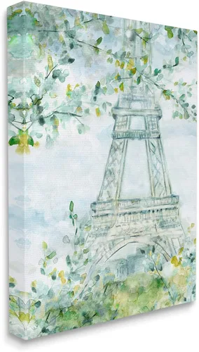 Vista 3 de Stupell Industries Lienzo decorativo para pared, diseño de torre Eiffel, diseño de árboles de hojas verdes suaves, 16 x 20 pulgadas