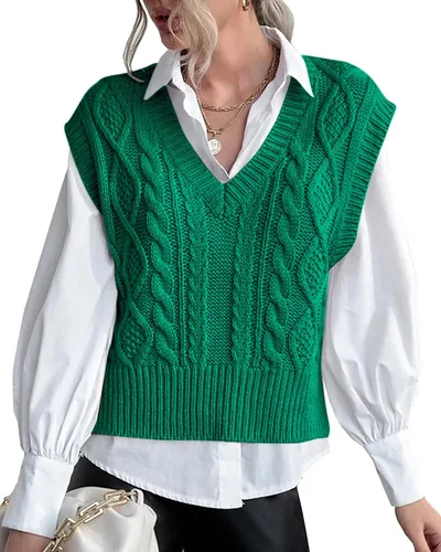 Vista 9 de Chaleco de suéter para mujer Lueluye V cuello sin mangas de punto sólido casual acanalado estilo preppy Beige