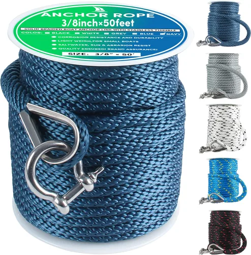 Vista 47 de Cuerda de anclaje premium de 50 pies x 1/2 pulgadas, línea de anclaje trenzada sólida MFP para barco con dedal y grillete - Negro