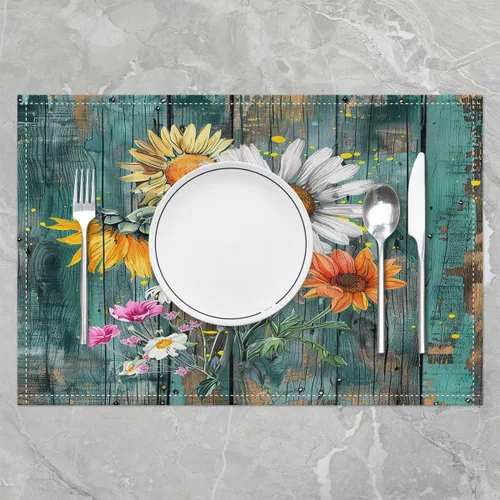 Vista 2 de jejeloiu Juego de 4 manteles individuales de girasol, manteles individuales con estampado floral, patrón de flores amarillas, manteles individuales