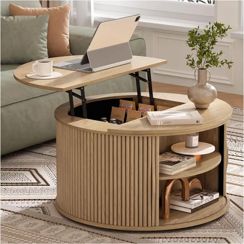 Vista 16 de SULIVES Mesa auxiliar ovalada con almacenamiento, mesa de centro multifuncional con tambor elevable, pequeña mesa central acanalada para sala