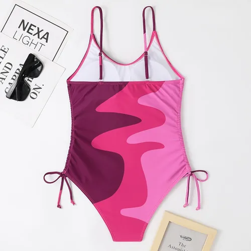 Vista 4 de Traje de baño de una pieza con cuello en V para mujer, estampado de leopardo, sin espalda, sin mangas, ropa de playa