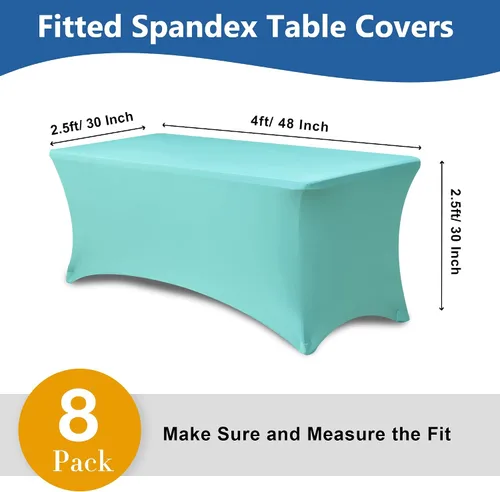 Vista 4 de Funda Elástica para Mesa para Mesas Rectangulares de 4 pies - Paquete de 8 Manteles de Spandex Azul Aguamarina con Elástico - Para Mesas Plegables