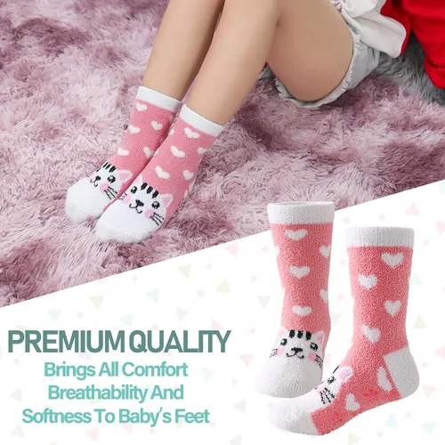 Vista 3 de LINEMIN Calcetines peludos para niños y niñas con agarres calcetines antideslizantes acogedores y esponjosos para invierno calcetines altos cálidos