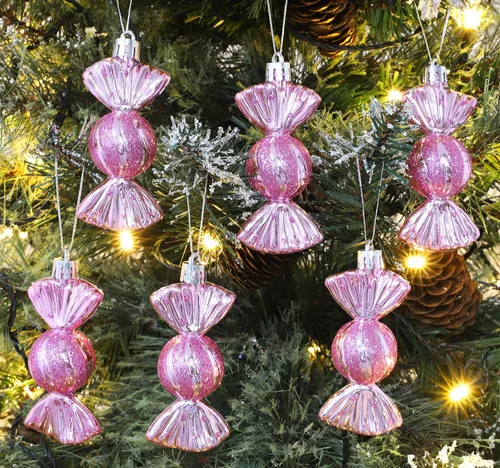 Vista 5 de Christmas Concepts Paquete de 6 bolas con forma de dulce de 3.543 in, decoradas con brillantina, adornos para árbol de Navidad (rosa bebé)