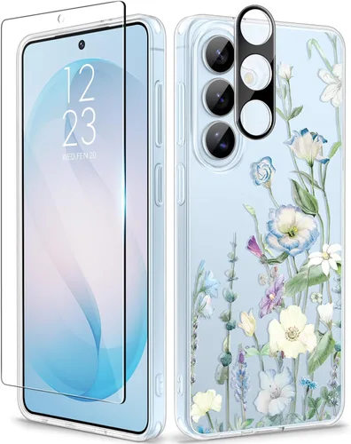 Vista 11 de GVIEWIN Funda protectora para Samsung Galaxy S25, transparente floral, delgada, a prueba de golpes, para mujer, no se pone amarilla, con protector