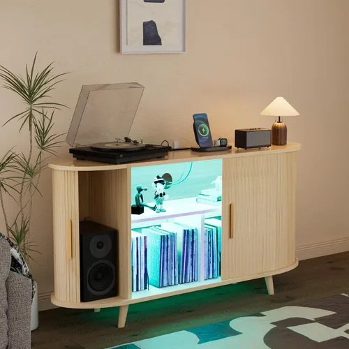 Vista 8 de Soporte para tocadiscos, gabinete de almacenamiento de discos de 55 pulgadas con estación de carga y puertos USB, soporte para tocadiscos