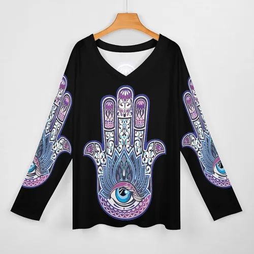 Vista 3 de Tribal Fátima Hand - Camisas de manga larga con cuello en V para mujer, blusas holgadas