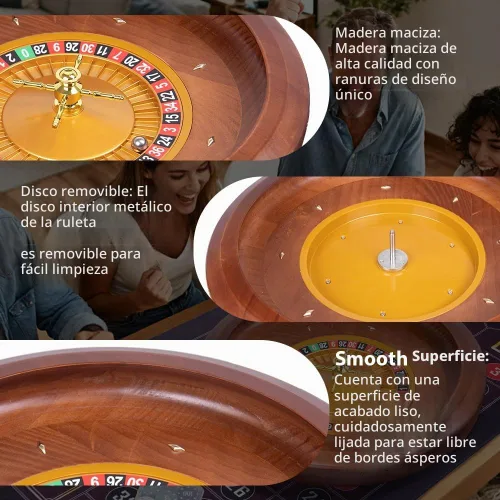 Vista 3 de Juego de ruedas de ruleta de madera, rueda de ruleta de madera maciza de 20 pulgadas con rastrillo retráctil de virutas, 200 fichas, marcador