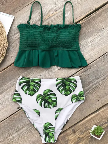 Vista 6 de CUPSHE - Traje de baño de dos piezas, de cintura alta y con estampado floral para mujer