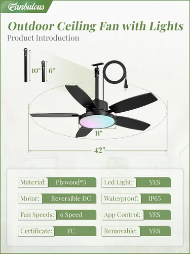 Vista 4 de Ventilador de techo al aire libre de 42" con luz remota IP65 impermeable ventilador de techo RGB