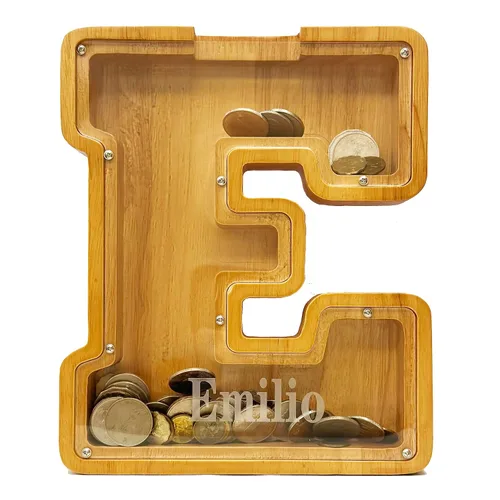 Vista 3 de Alcancía Personalizada de Madera con Alfabeto - Alcancía para Niños - Alcancía para Niños y Niñas - Alcancía de Monedas - Banco - Puede Usarse como