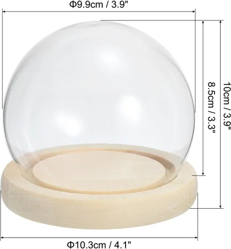 Vista 2 de PATIKIL Cúpula de cristal transparente Cloche de 4 pulgadas, vitrina de cristal con forma de globo, centro de mesa con base de madera natural