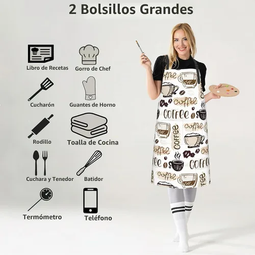 Vista 4 de Delantal, delantal con cuello ajustable para mujer, adecuado para el hogar, cocina, delantal de cocina Café Doodle