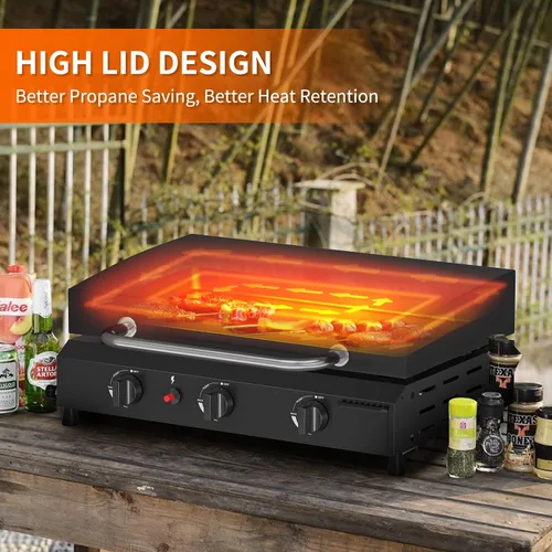 Vista 2 de SKOK Parrilla de gas de 3 quemadores con campana, parrilla de propano para exteriores de 25.6 pulgadas, parrilla de gas portátil con parte superior