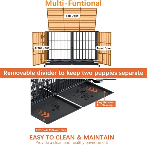 Vista 6 de Jaula XL de 54 pulgadas para perros grandes/perros medianos dobles, jaula de metal resistente para perros, toda metálica con parte superior abierta