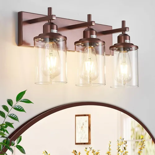 Vista 11 de Lanhall Lámpara de baño de 3 luces, estilo granja, vintage, sobre espejo, de metal pintado en madera y negro con pantalla de cristal, enchufe E26