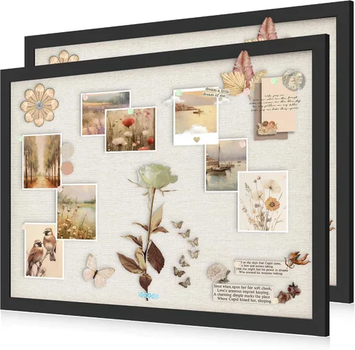 Vista 20 de AKTOP - Juego de 2 pizarras de corcho negro con lino de 16.7" X 11", pequeño tablero de anuncios con marco para pared, tablero decorativo