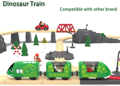 Vista 4 de Juego de tren de juguete para pistas de madera, tren a pilas para niños pequeños, tren motorizado con tren de dinosaurio para niños, juguete de tren