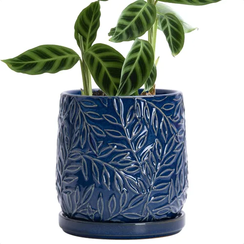 Vista 9 de D'vine Dev Maceta de gres con hojas en relieve de 4 pulgadas con orificio de drenaje y platillo, azul grafito, 27-A-Z-9 Nature-Inspired Leaf