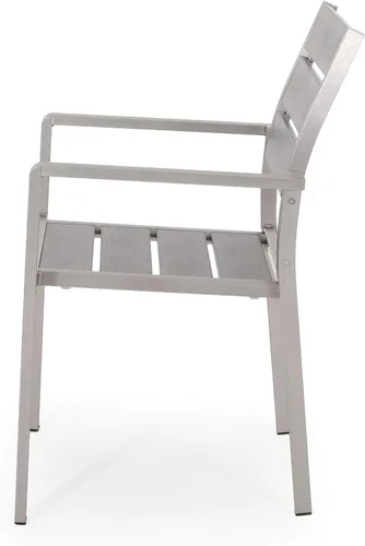Vista 6 de GDFStudio Silla de comedor de aluminio moderna para exteriores con asiento de madera sintética (juego de 2), gris y plateado
