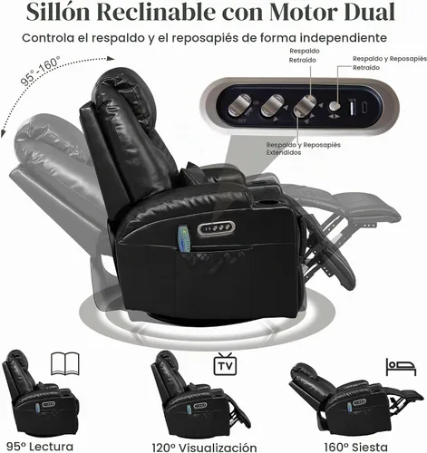 Vista 6 de AHMED Silla reclinable giratoria eléctrica con masaje y calor para adultos Negro