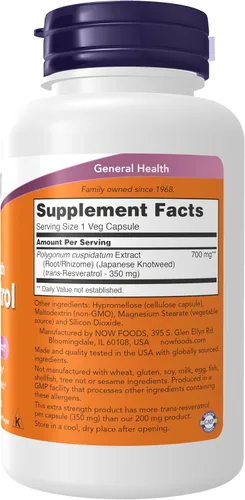 Vista 2 de NOW Foods Suplementos, Resveratrol de Fuerza Extra 350mg, Resveratrol Trans Natural de 700 mg de Extracto de Fallopia japonica, 60 Cápsulas Vegetales