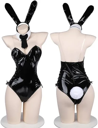 Vista 2 de JasmyGirls Disfraz sexy de conejito para mujer, traje de sirvienta de anime, lencería de cosplay, traje de rol travieso, traje de cuero gótico