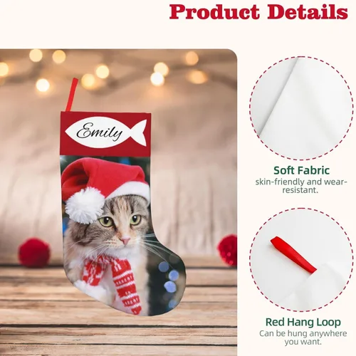 Vista 4 de Medias de Navidad personalizadas de 18 pulgadas, medias personalizadas de Navidad con nombre, imagen personalizada, gato, mascota, adorno