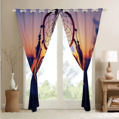 Vista 4 de Cortinas bohemias con atrapasueños para niñas, elegantes, bohemias, atrapasueños, cortinas de ventana de plumas hippie indias para niños