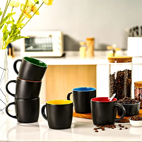 Vista 5 de BYCNZB Juego de tazas de café de cerámica de 11 onzas, tazas de porcelana negra mate, varios colores, tazas para café, té, jugo, cacao, juego de 6