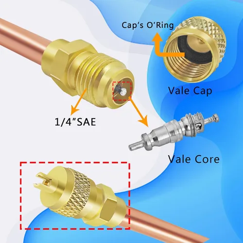 Vista 5 de Boltigen Válvula de servicio de acceso, válvula Schrader HVAC de relleno de cobre de latón con núcleo de vástago de 1/4 pulgadas SAE x 1/4 pulgadas