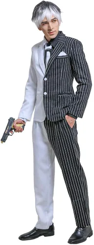 Vista 3 de miccostumes Traje de cosplay blanco y negro para hombre con corbata y cuello falso