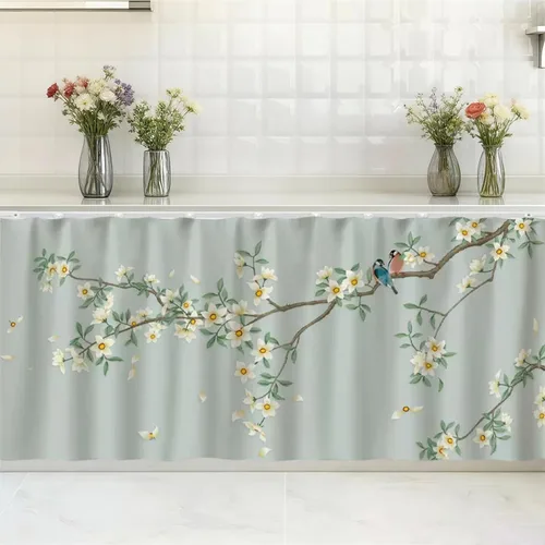 Vista 23 de SK Studio Cortinas cortas para cocina, estante de gabinete, a prueba de polvo, cortina opaca para café debajo del fregadero, falda para baño