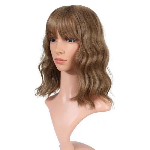 Vista 6 de VCKOVCKO - Peluca de cabello castaño claro rizada con flequillo de aire, onda natural rizada, peluca corta estilo Bob para mujer, longitud hasta