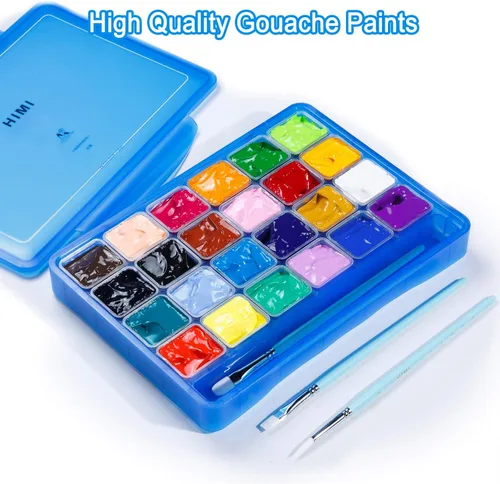 Vista 5 de artme HIMI Juego de pintura gouache, 24 colores x 30 ml, diseño exclusivo de cápsula de gelatina con 3 pinceles de pintura y una paleta en un