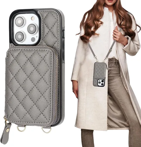 Vista 9 de Bocasal Funda tipo cartera cruzada para iPhone 14 Pro, con bloqueo RFID, de piel sintética, con cremallera, funda tipo cartera con función atril
