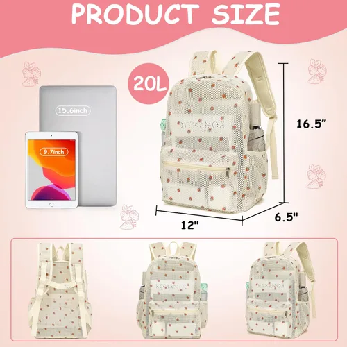 Vista 3 de CAMTOP Mochila de malla para niños y niñas, mochila transparente para preescolar, mochila casual para escuela, playa, viajes, deportes (fresa beige)