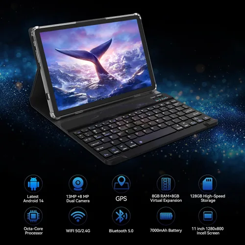 Vista 2 de Tablet de 11 pulgadas, tableta Android 15 2026 con 16 GB de RAM 128 GB ROM 1 TB expandible Octa-Core, tabletas WiFi 5G, tabletas 2 en 1 con teclado