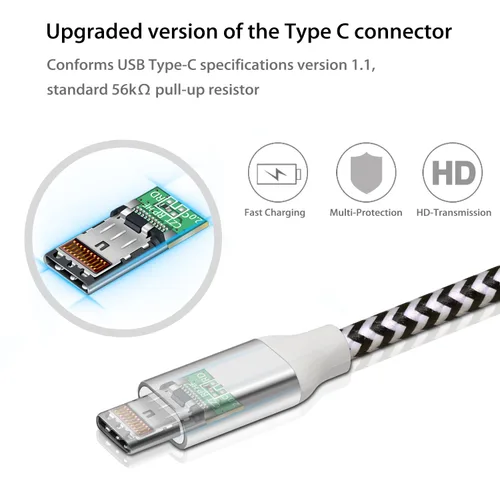 Vista 3 de Fasgear Cables USB C a USB A de 10 pies, paquete de 2, negro, blanco Carga rápida 3A, tipo C 2.0, trenzada, compatible con Galaxy S21 Plus Note 10