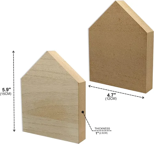 Vista 3 de Bloques en forma de casa de madera sin terminar de 6 pulgadas, 4 piezas para manualidades, casa de madera en blanco, letrero conmemorativo