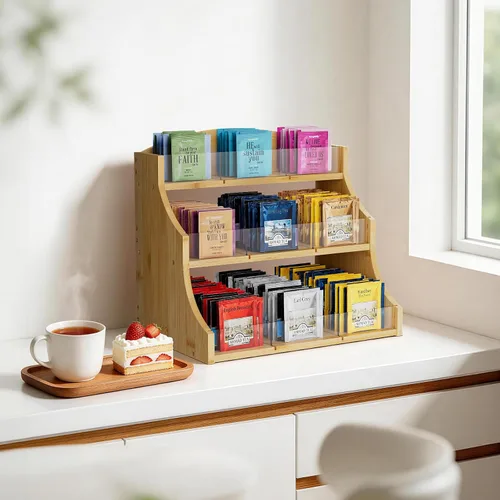 Vista 7 de Organizador de bolsas de té de bambú de 3 capas, baúles de té con divisor acrílico extraíble, soporte para té para encimera, oficina, cocina, madera